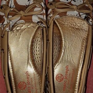 Marc Joseph Gold Metallic Insole with Tan Bow Driving Loafers